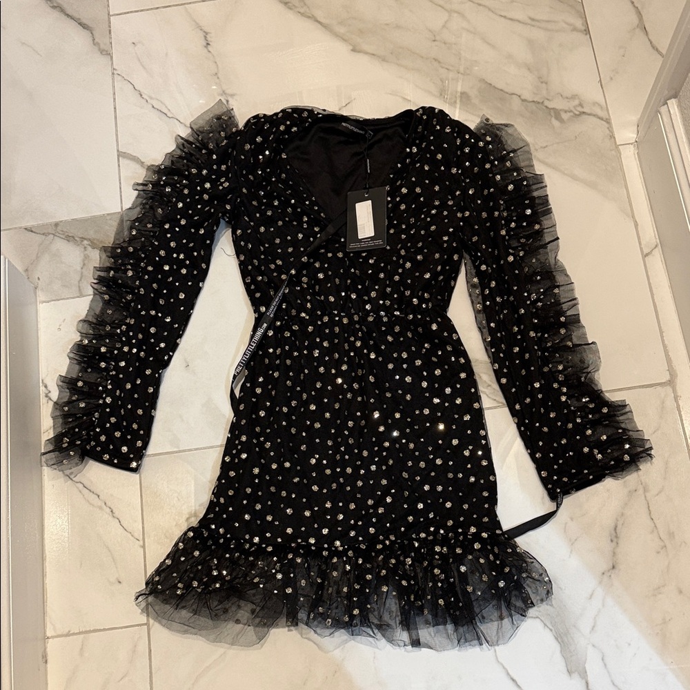 PrettyLittleThing Black and Gold Polka Dot Dress